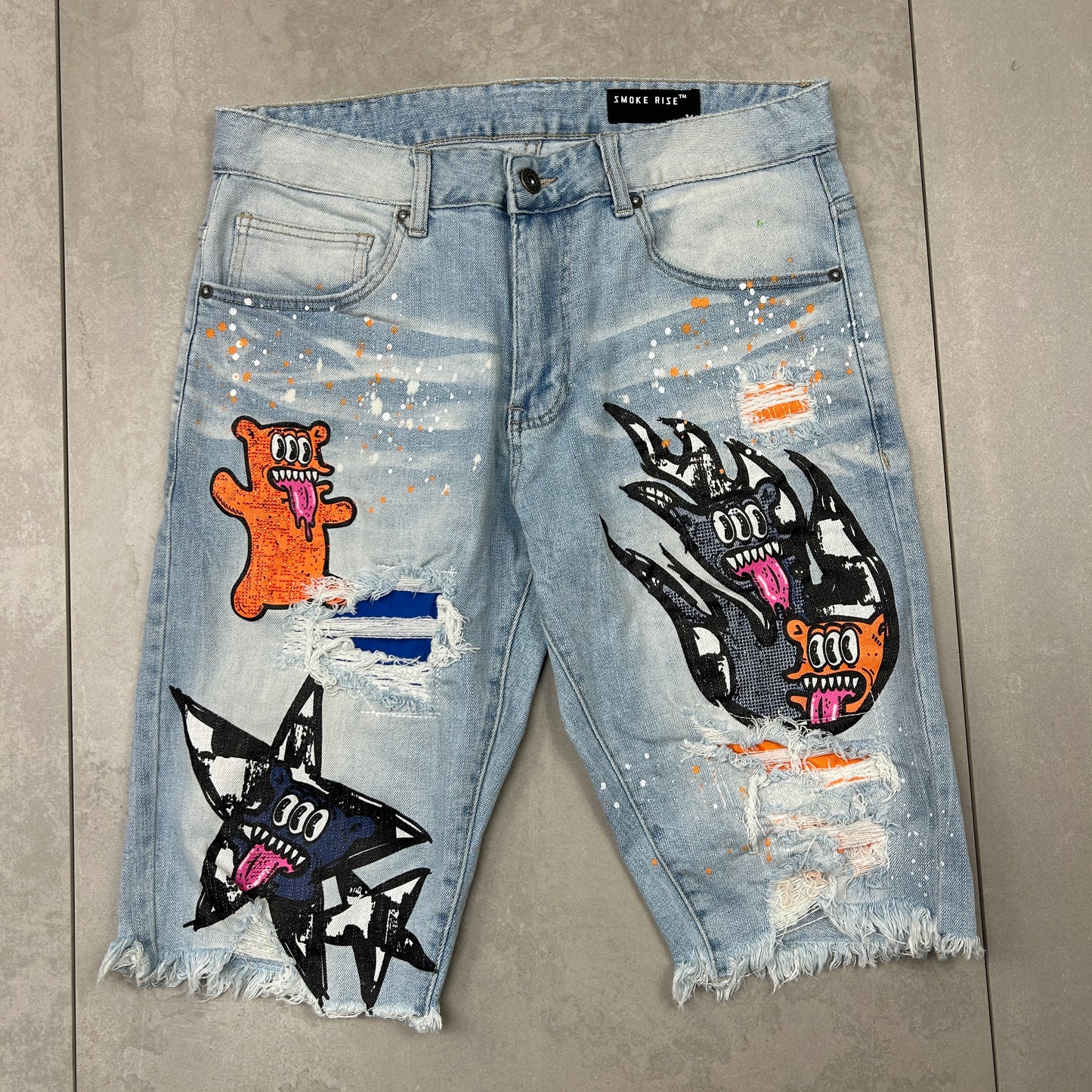 Vintage Graffiti Hip Hop Straight Light Blue Shorts Jorts - 34