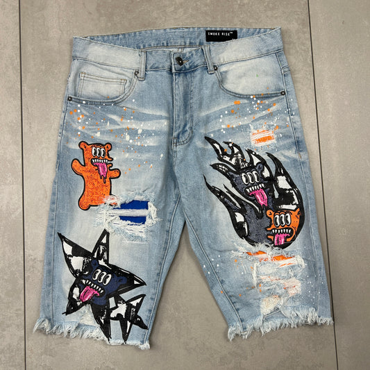 Vintage Graffiti Hip Hop Straight Light Blue Shorts Jorts - 34