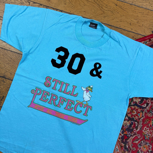 Vintage 1989 Funny 30 Blue Single Stitch Graphic T-Shirt - S