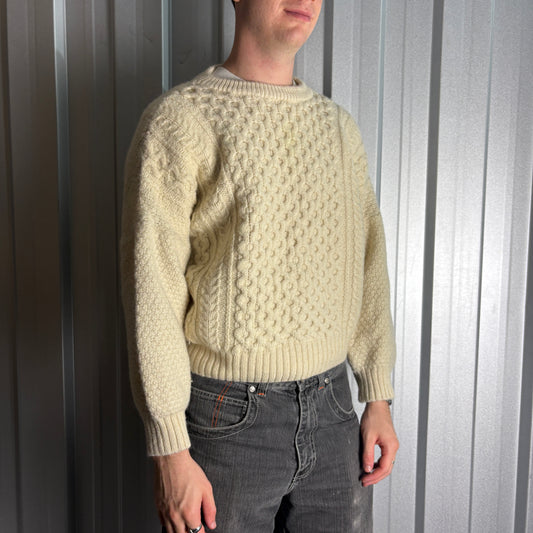 Vintage Celtic Woollens Wool Cream Cable Boxy Chunky Knit Jumper - S