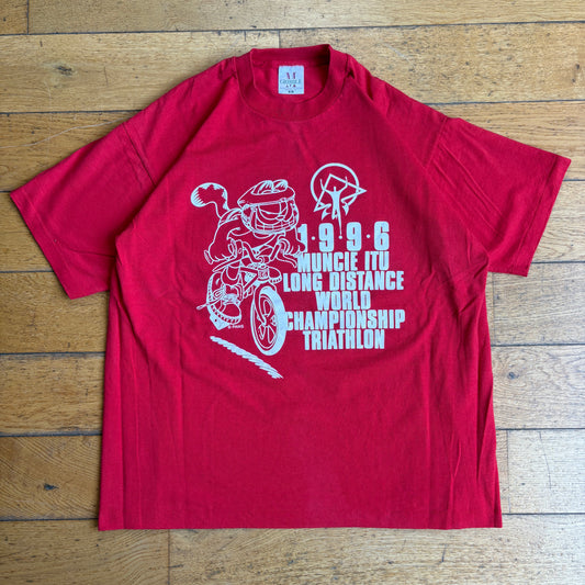Vintage 1996 Garfield Triathlon Single Stitch Red Graphic T-Shirt - XL