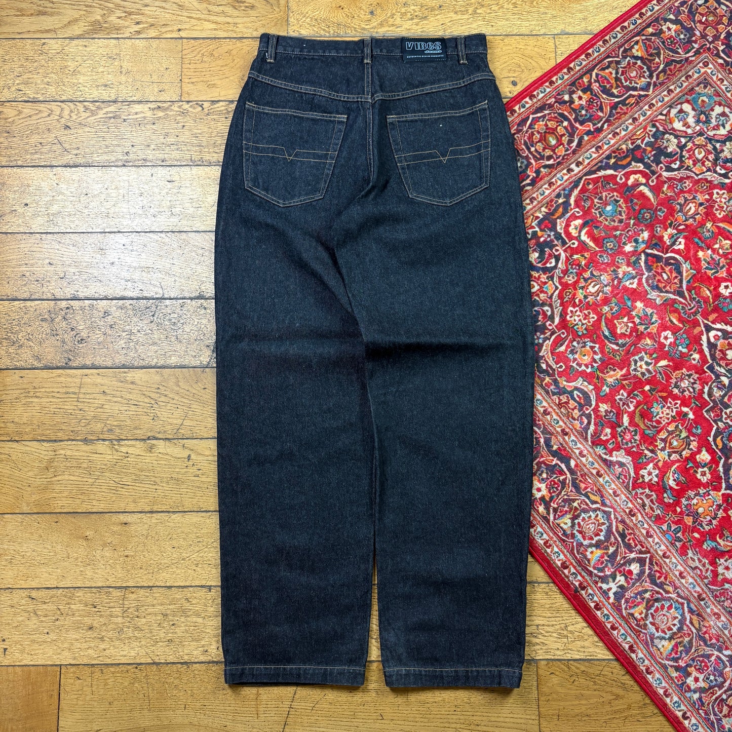 Vintage Black Embroidered Y2K Hip Hop Baggy Jeans - 34
