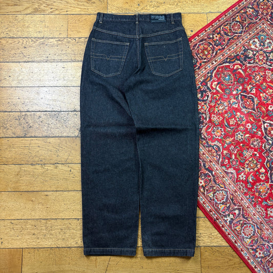 Vintage Black Embroidered Y2K Hip Hop Baggy Jeans - 34