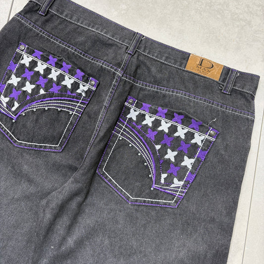 Vintage Embroidered Hip Hop Black Baggy Shorts Jorts - 42