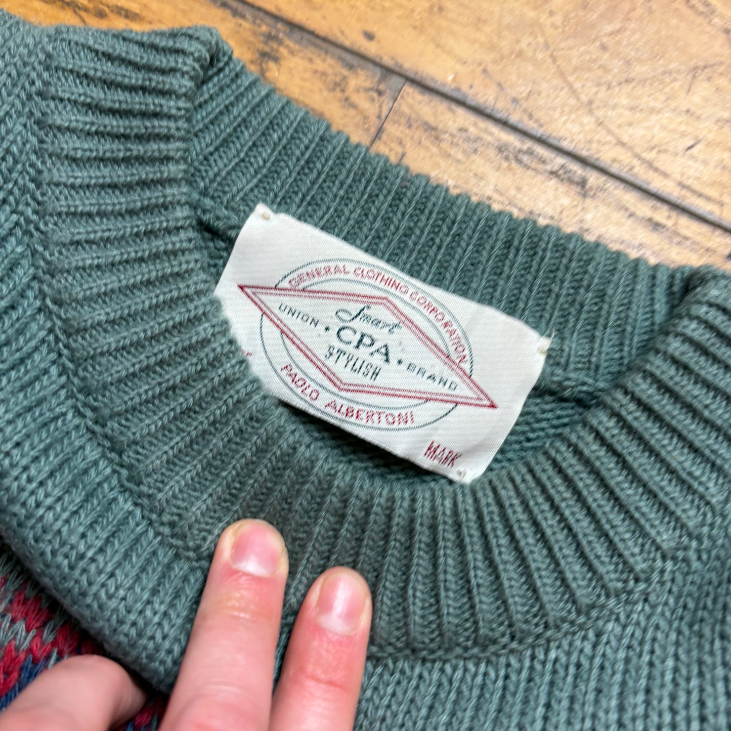 Vintage Green Cream Pattern Wool Chunky Knit Jumper - XL