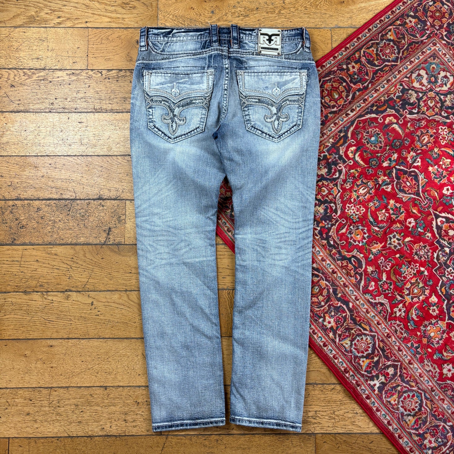 Vintage Rock Revival Blue Embroidered Y2K Hip Hop Straight Jeans - 38