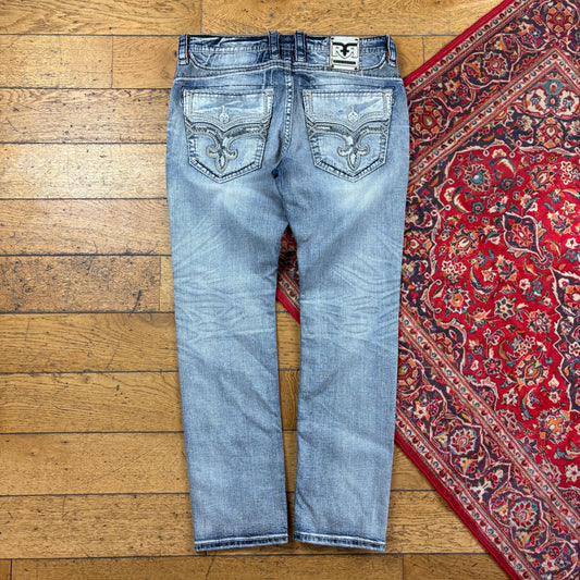 Vintage Rock Revival Blue Embroidered Y2K Hip Hop Straight Jeans - 38