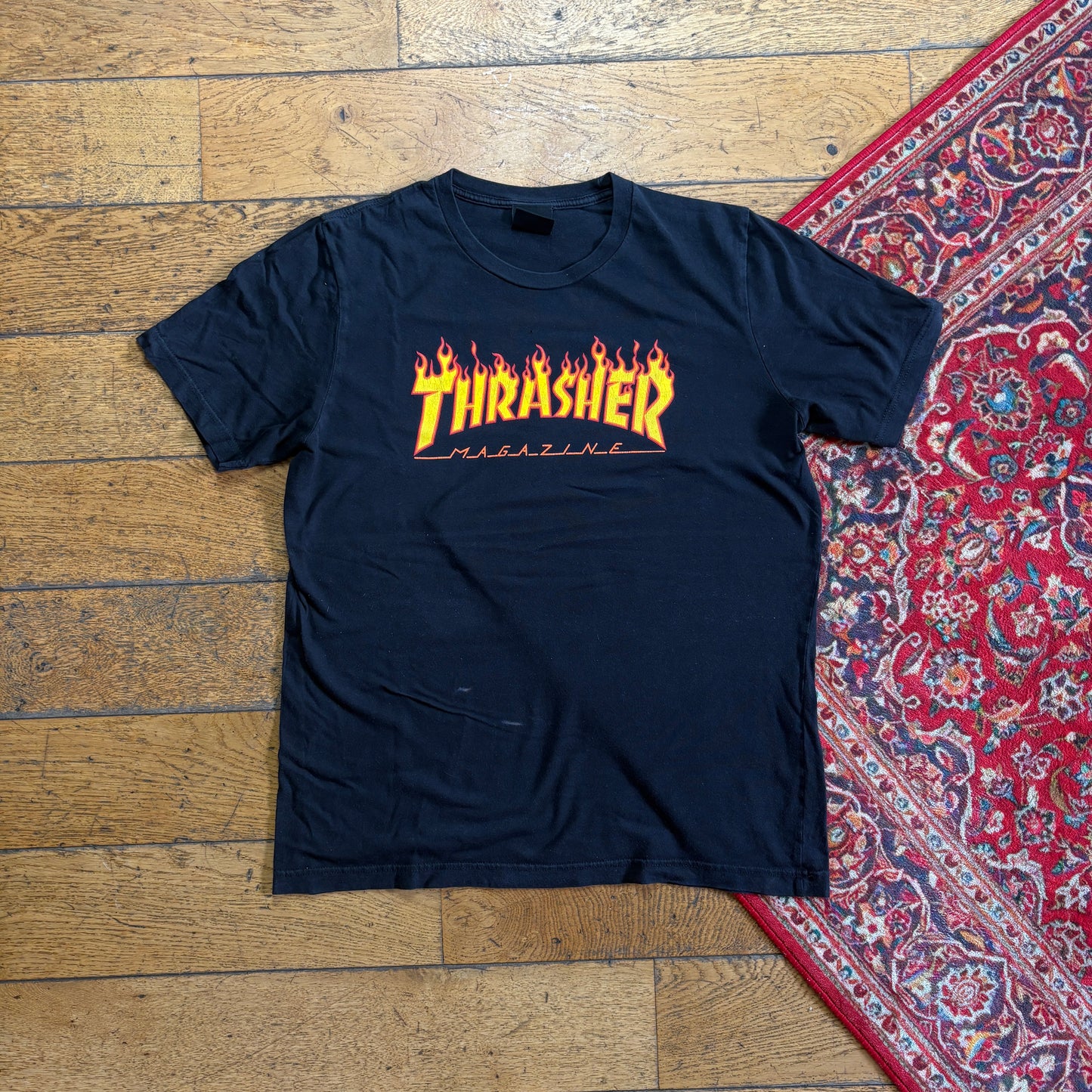 Vintage Thrasher Black Skate Flames Graphic T-Shirt - XS