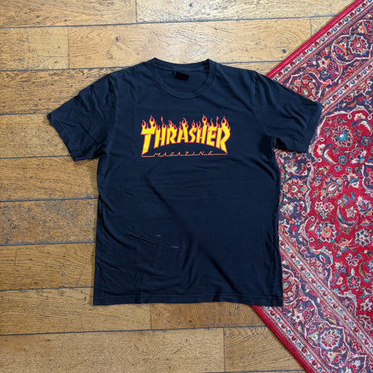 Vintage Thrasher Black Skate Flames Graphic T-Shirt - XS