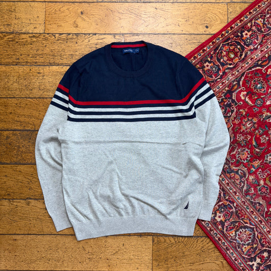 Vintage Nautica Grey Navy Stripe Embroidered Knit Jumper - M