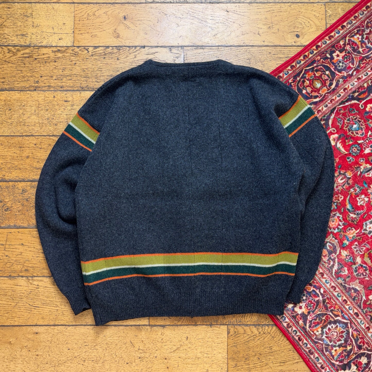 Vintage Grey Stripe Chunky Knit Cardigan Jumper - XL