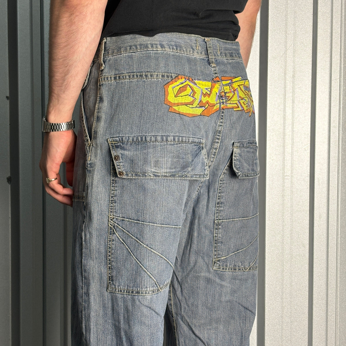 Cowest Blue Graffiti Japanese Denim Hip Hop Y2K Baggy Jeans - 34S