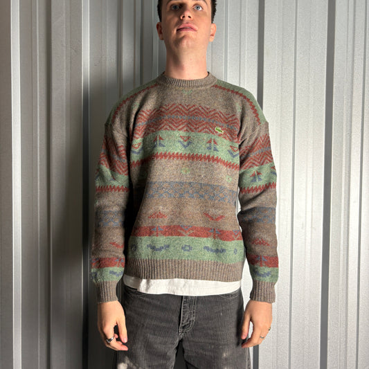 Vintage Chemise Lacoste 90s Green Grey Pattern Wool Chunky Knit Jumper - M