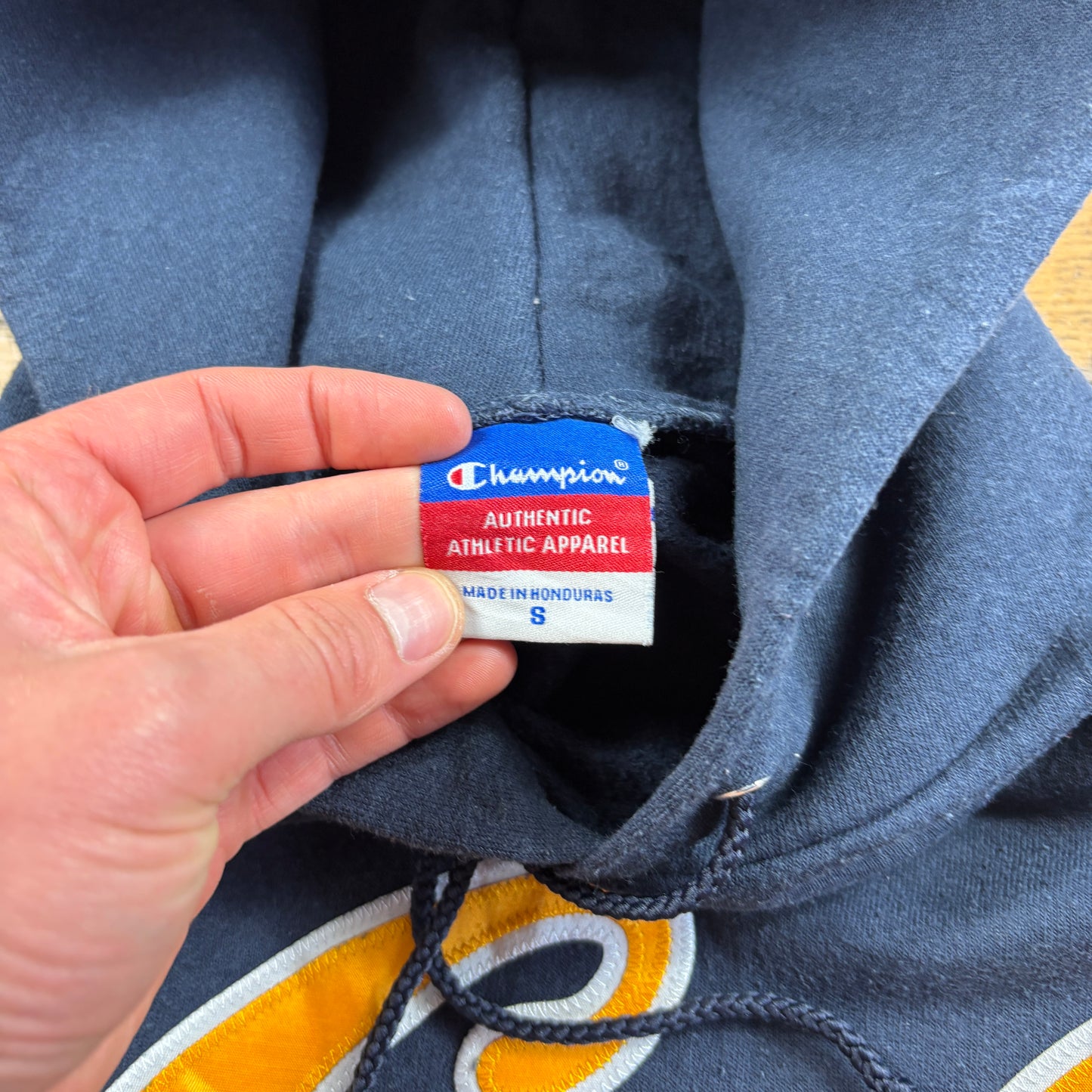 Vintage Champion Navy College Embroidered Hoodie Sweatshirt - S