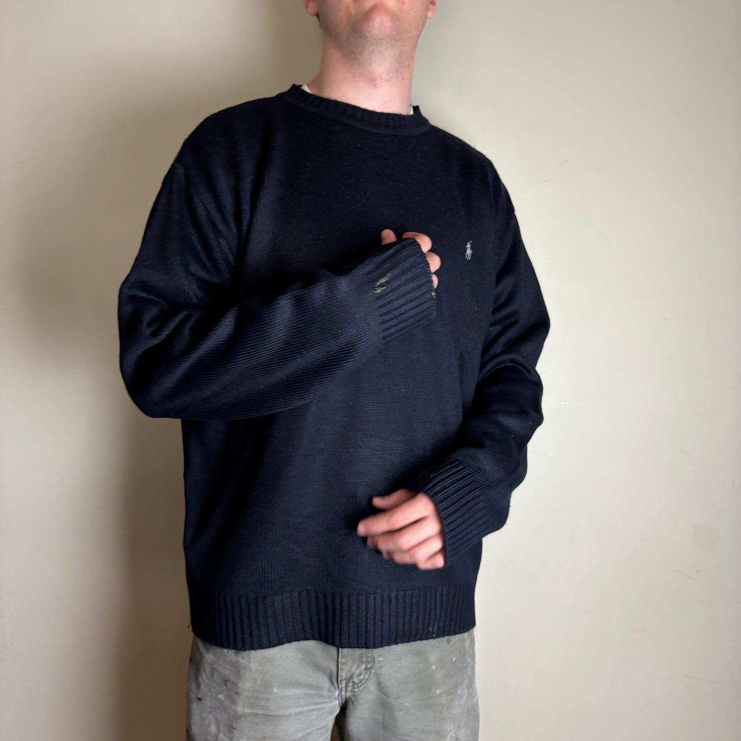 Vintage Ralph Lauren Navy Chunky Knit Crewneck Jumper - 2XL