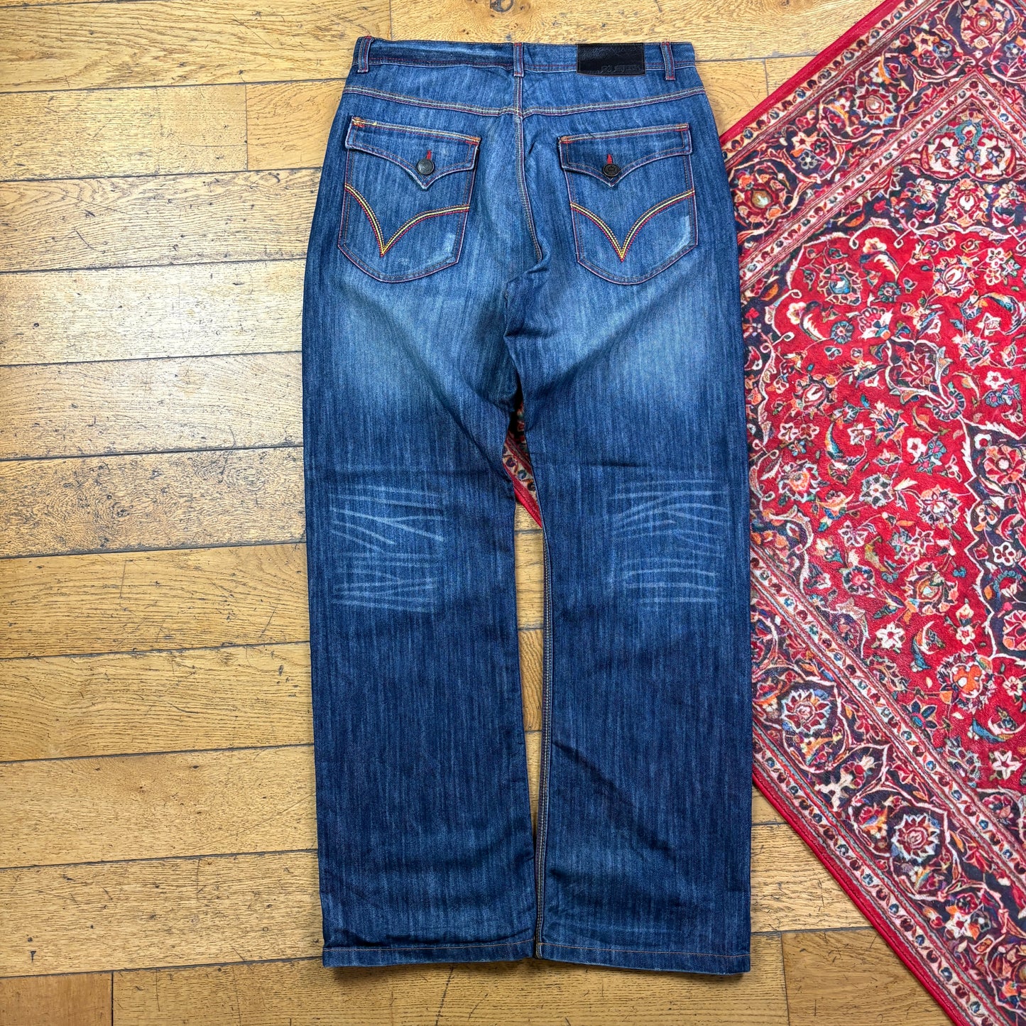 Vintage Blue Embroidered Y2K Hip Hop Baggy Jeans - 36
