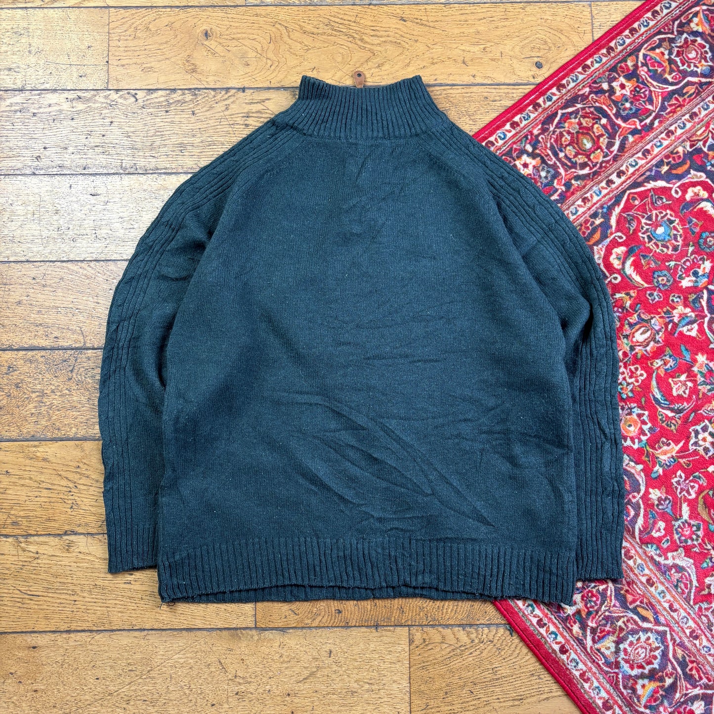 Vintage Ralph Lauren Green Wool Quarter Zip Chunky Knit Jumper - L