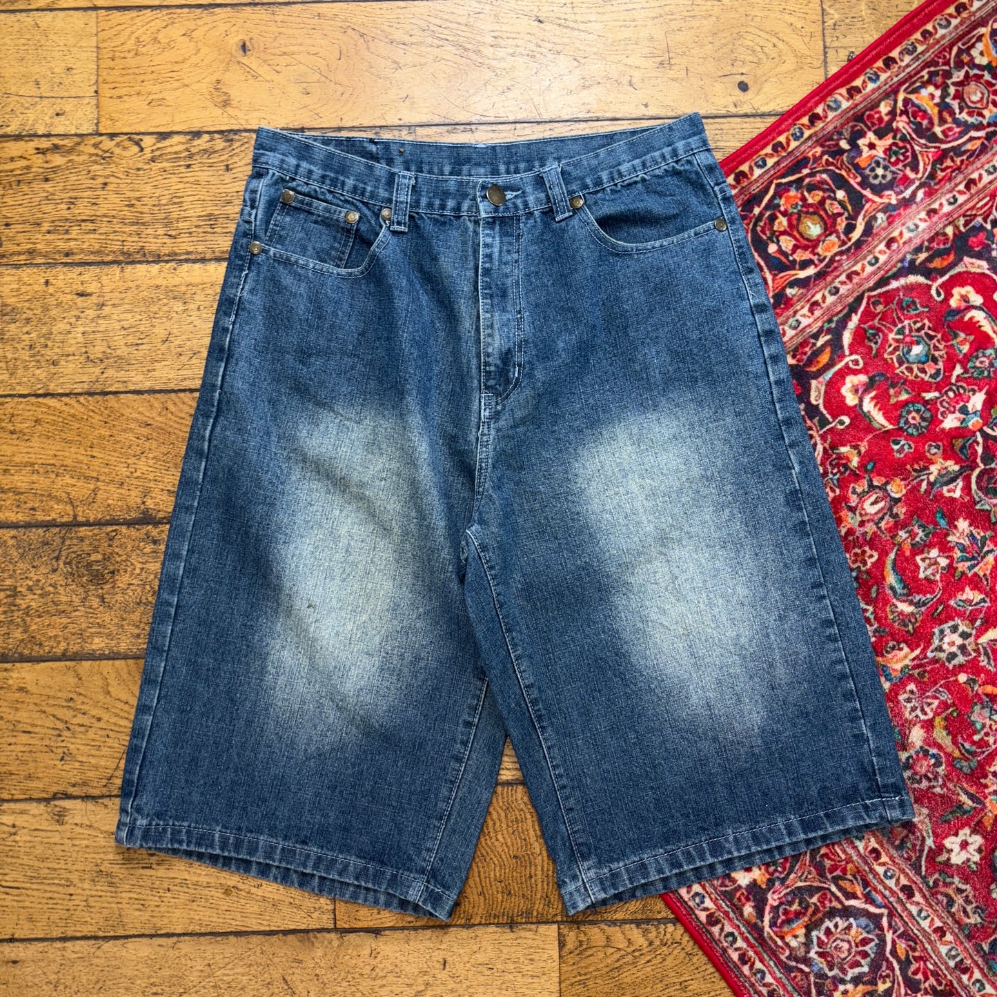 Vintage Indigo 30 Blue Embroidered Y2K Hip Hop Baggy Jeans Shorts Jorts - 34