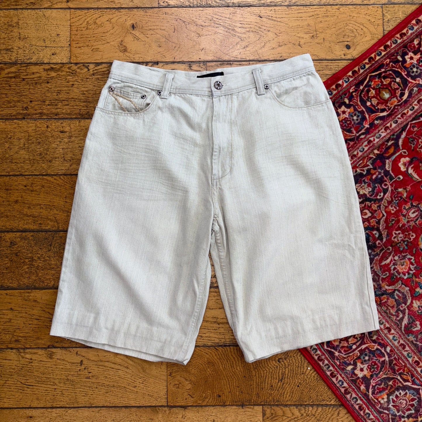 Vintage Embroidered Cream Hip Hop Baggy Shorts Jorts - 36