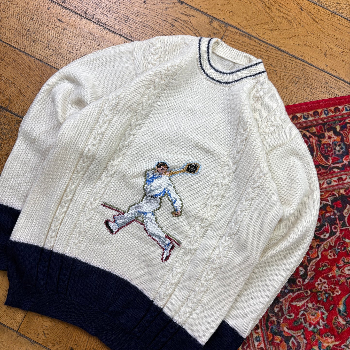 Vintage Embroidered Cream Cable Chunky Knit Jumper - XS