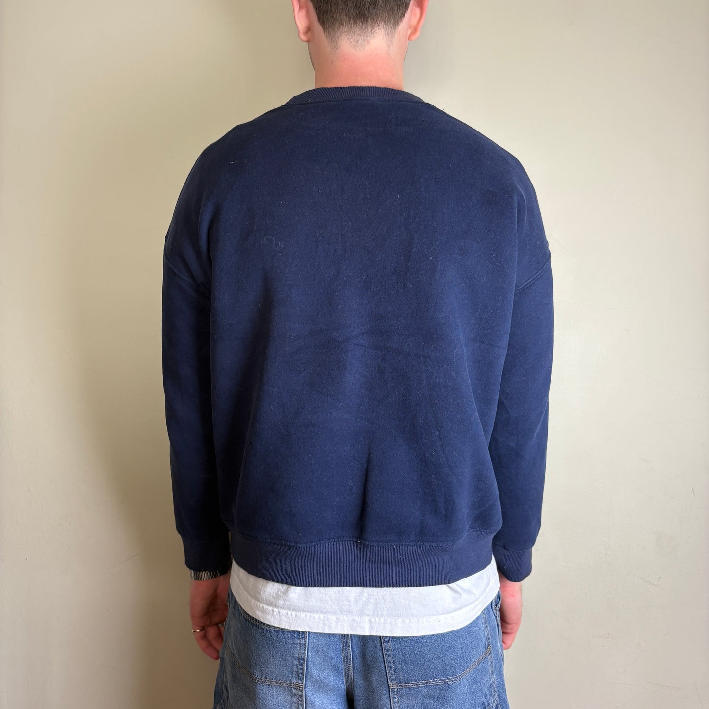 Vintage Nike Navy Spellout Swoosh Embroidered Sweatshirt - M