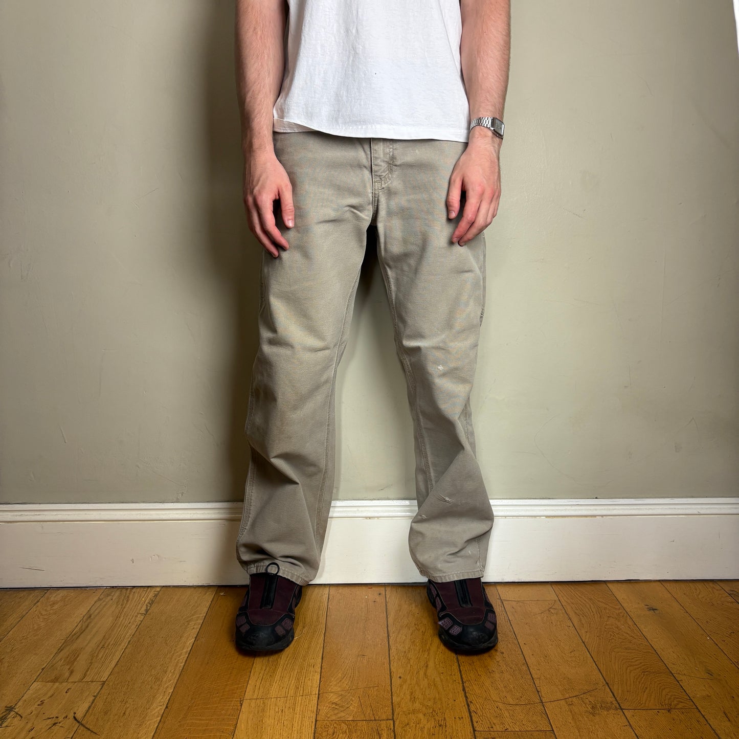 Vintage Carhartt Cream Brown Workwear Carpenter Baggy Trousers - 33R