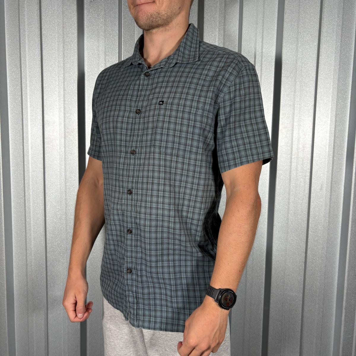 Quiksilver Blue Grey Check Plaid Short Sleeve Shirt - S
