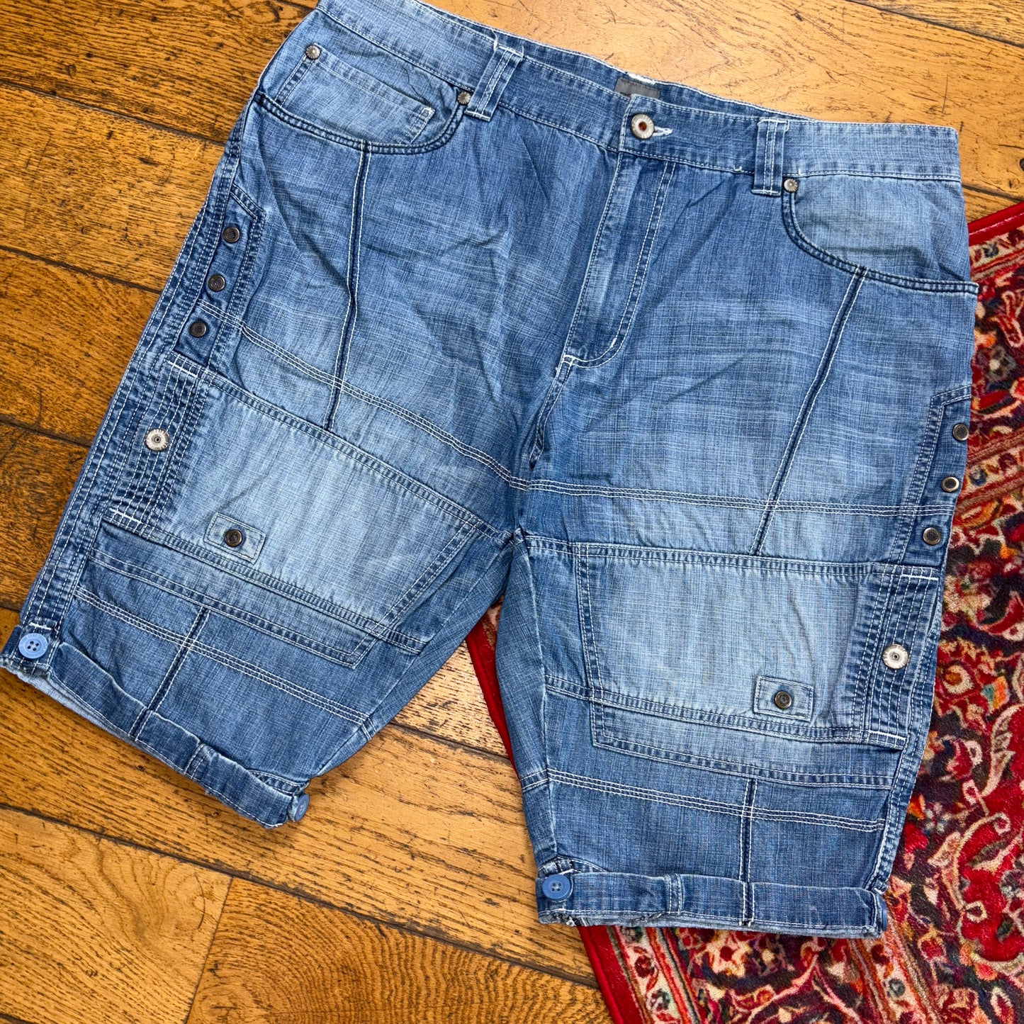 Vintage Y2K Embroidered Hip Hop Baggy Shorts Blue Jorts - 38
