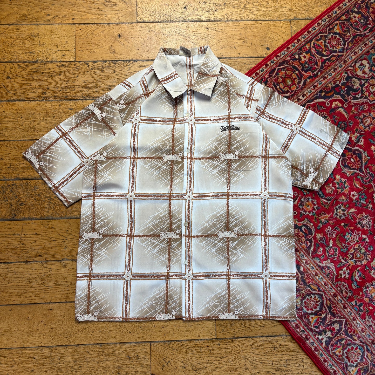 Vintage Southpole Brown Cream Check Hip Hop Short Sleeve Embroidered Shirt - XL