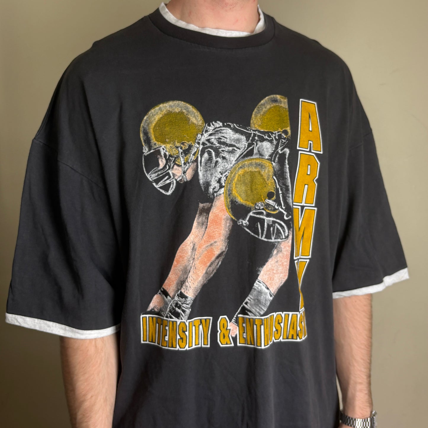 Vintage 90s Single Stitch Army NFL College Boxy Black Graphic T-Shirt - XL
