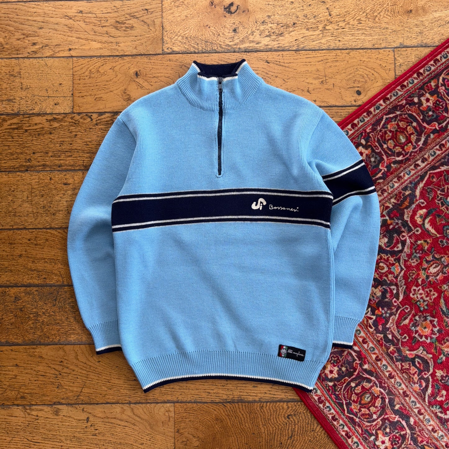 Vintage Blue Quarter Zip Stripe Chunky Knit Jumper - XS