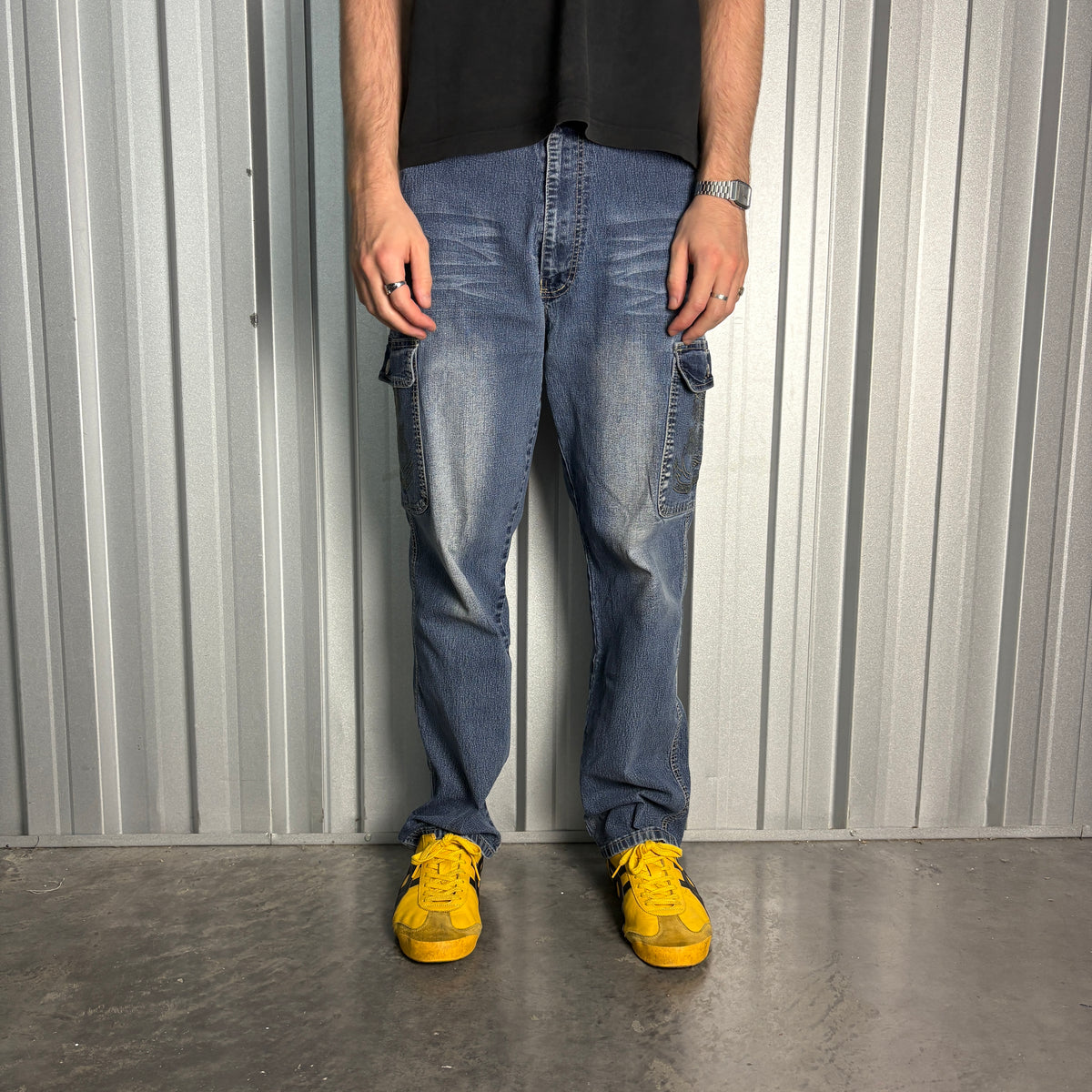 Embroidered Blue Cargo Japanese Denim Hip Hop Y2K Baggy Jeans - 36S