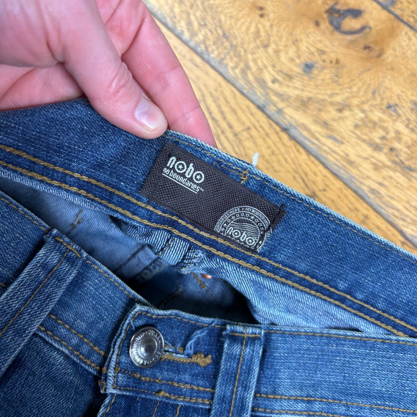 Vintage Nobo Blue Embroidered Y2K Hip Hop Bootcut Baggy Jeans - 36