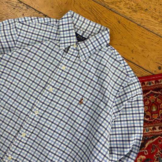 Vintage Ralph Lauren White Blue Check Embroidered Shirt - M