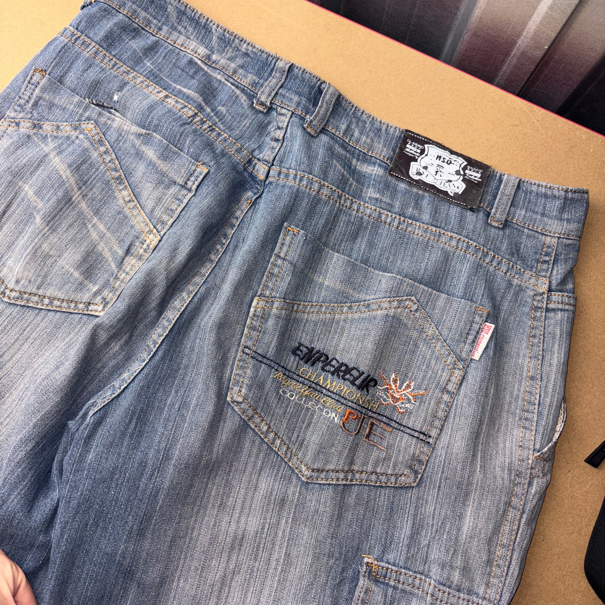 Embroidered Blue Cargo Japanese Denim Hip Hop Y2K Baggy Jeans - 34S