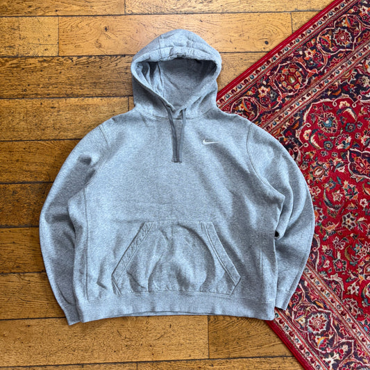 Vintage 00s Nike Swoosh Embroidered Grey Cropped Hoodie Sweatshirt - XL