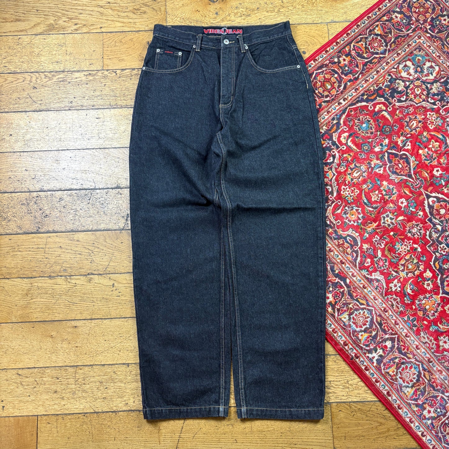 Vintage Black Embroidered Y2K Hip Hop Baggy Jeans - 34