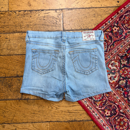 Vintage True Religion Blue Mini Embroidered Y2K Shorts Jorts - Size 14