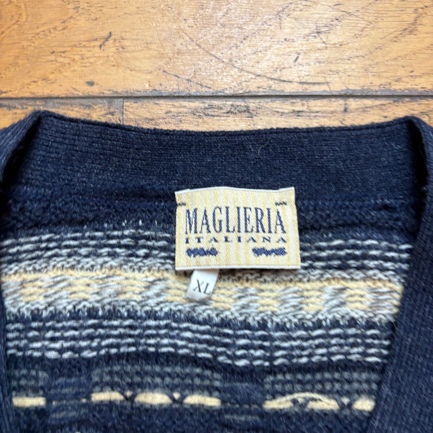 Vintage Navy Pattern Wool Chunky Knit Cardigan Jumper - XL