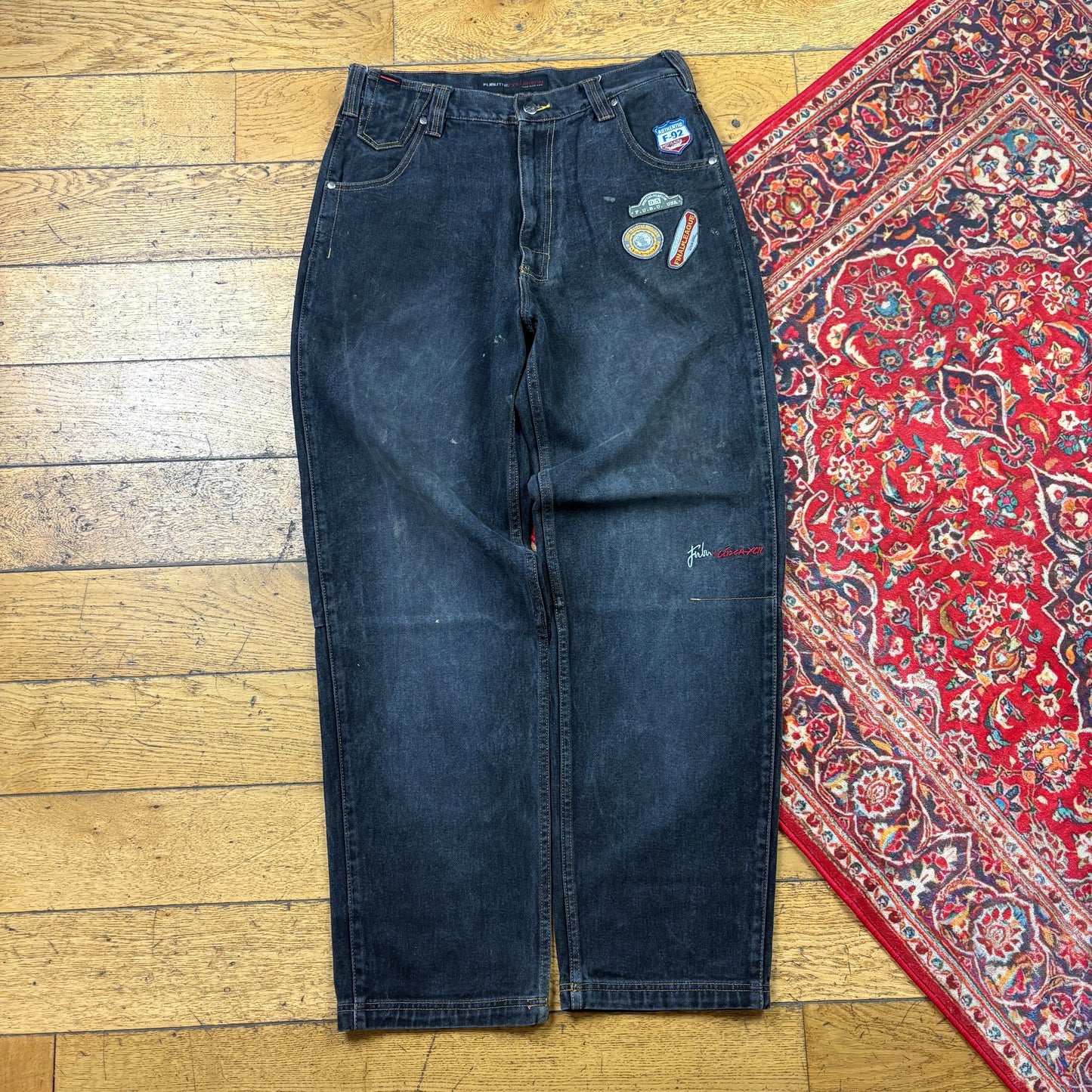 Vintage FUBU Black Embroidered Y2K Hip Hop Baggy Jeans - 34