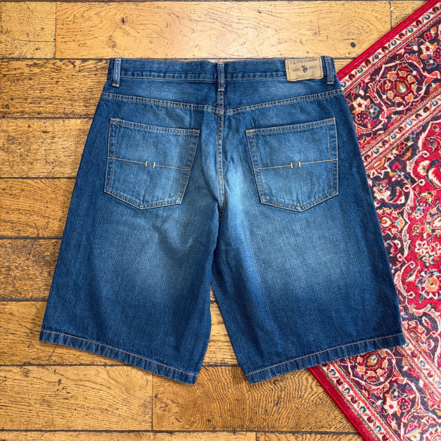 Vintage US Polo ASSN Blue Embroidered Y2K Hip Hop Baggy Jeans Shorts Jorts - 38