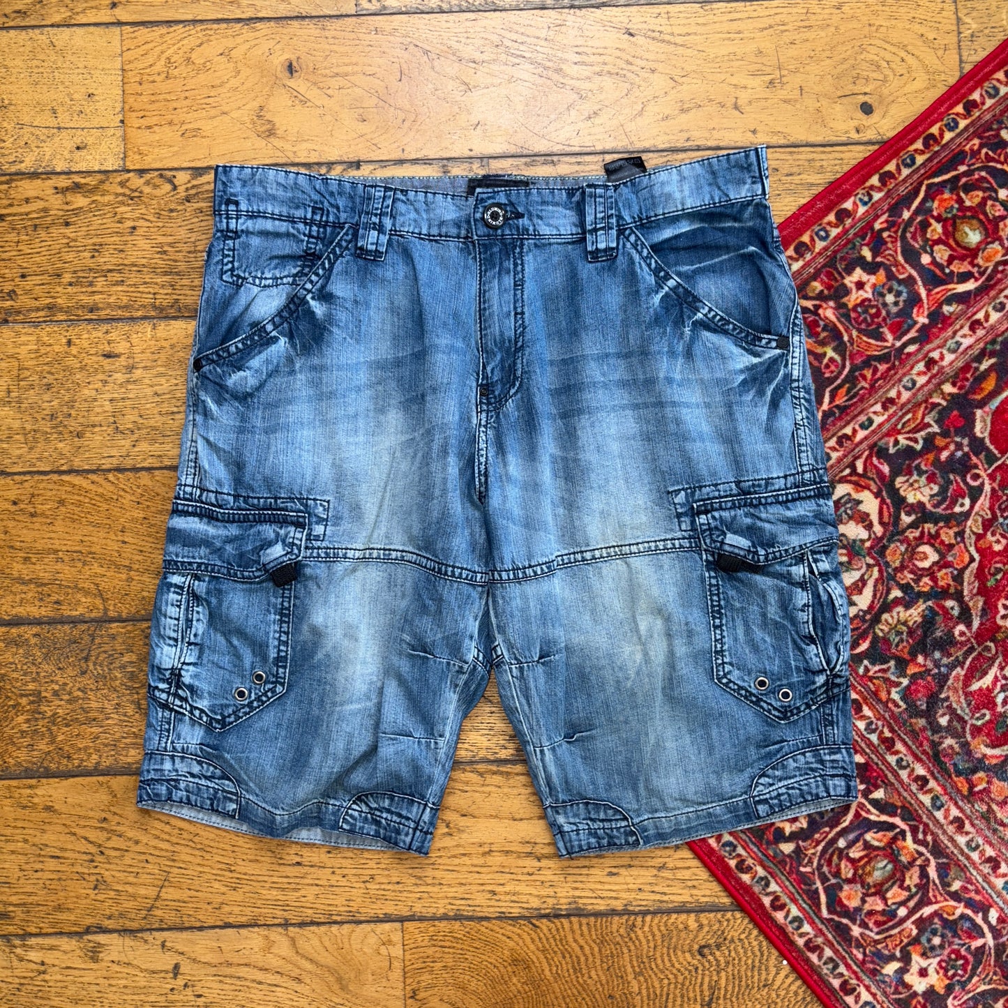 Vintage Hip Hop Double Knee Blue Cargo Baggy Shorts Jorts - 34