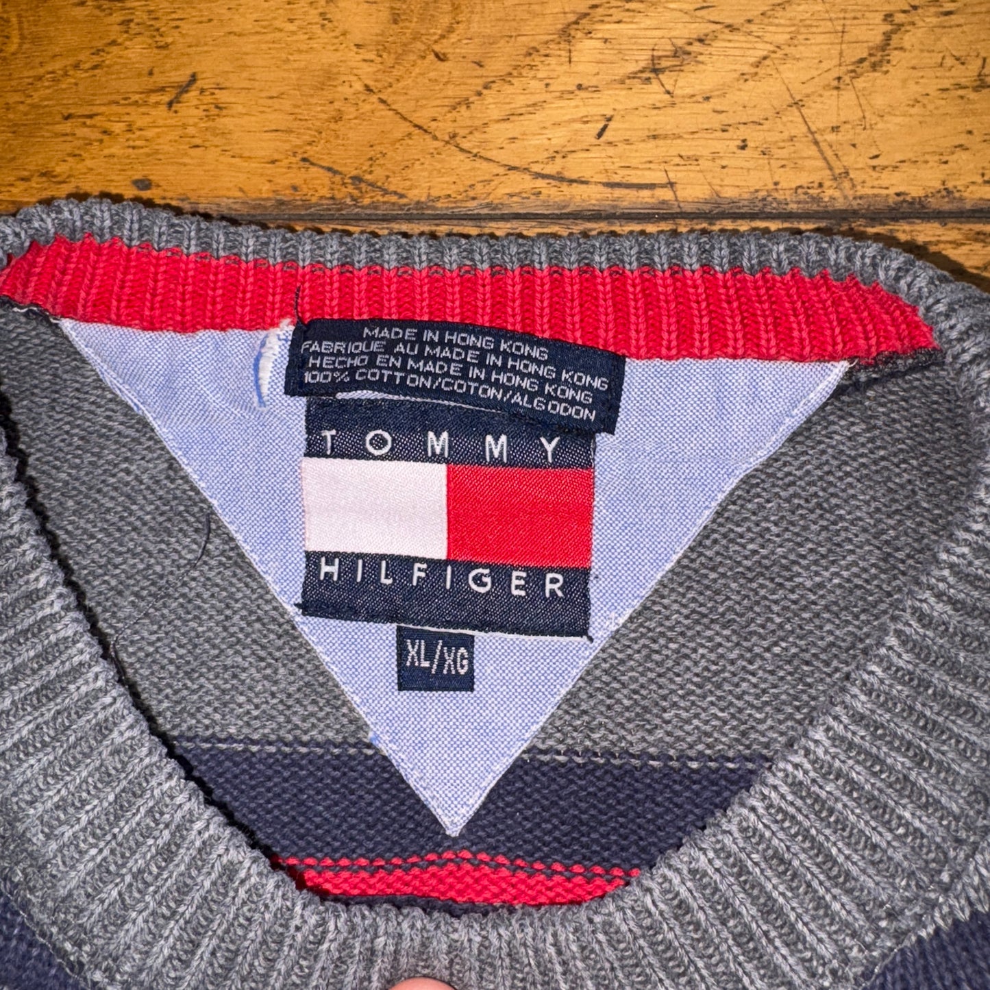 Vintage Tommy Hilfiger Grey Stripe Chunky Knit Jumper - XL