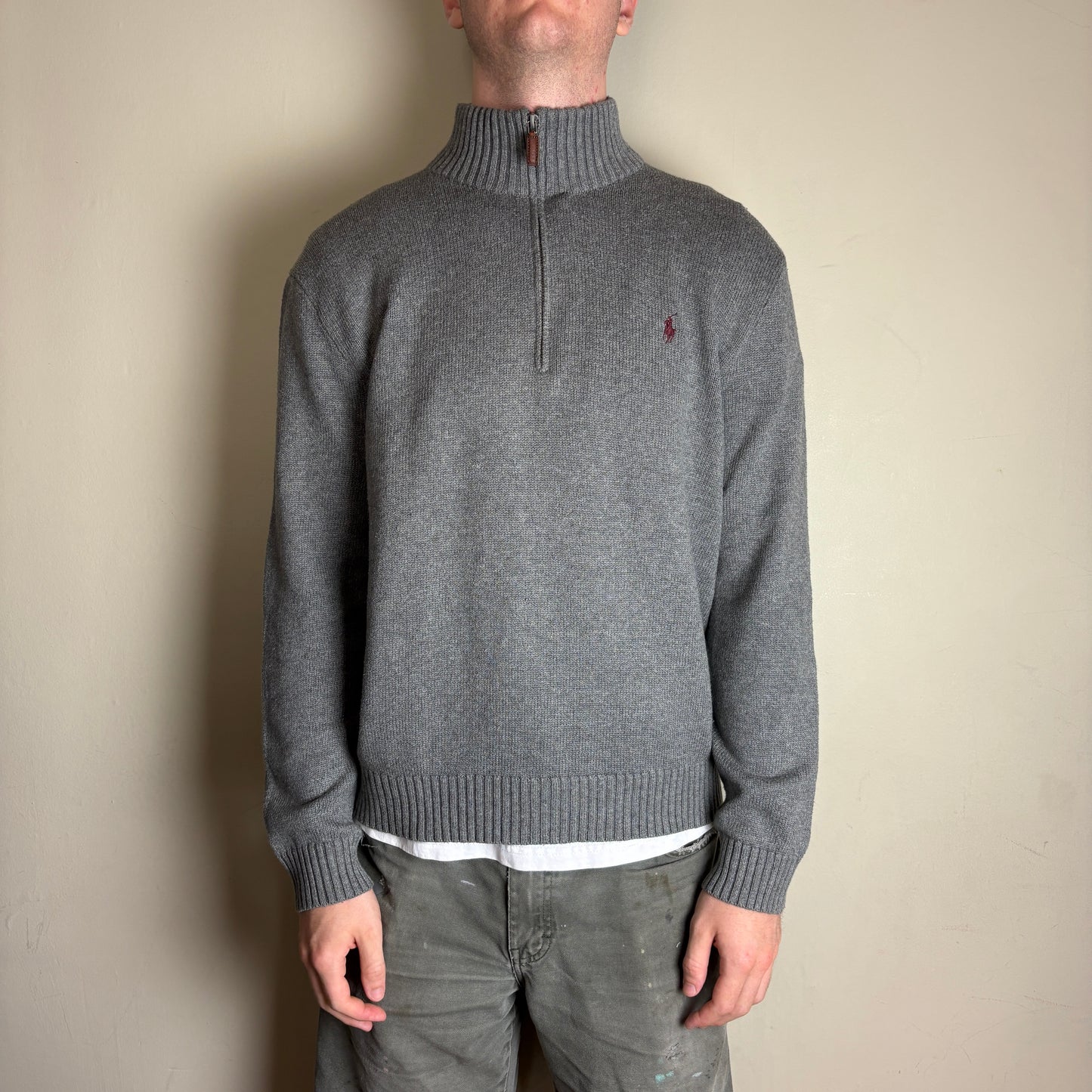 Vintage Ralph Lauren Grey Quarter Zip Chunky Knit Jumper - L