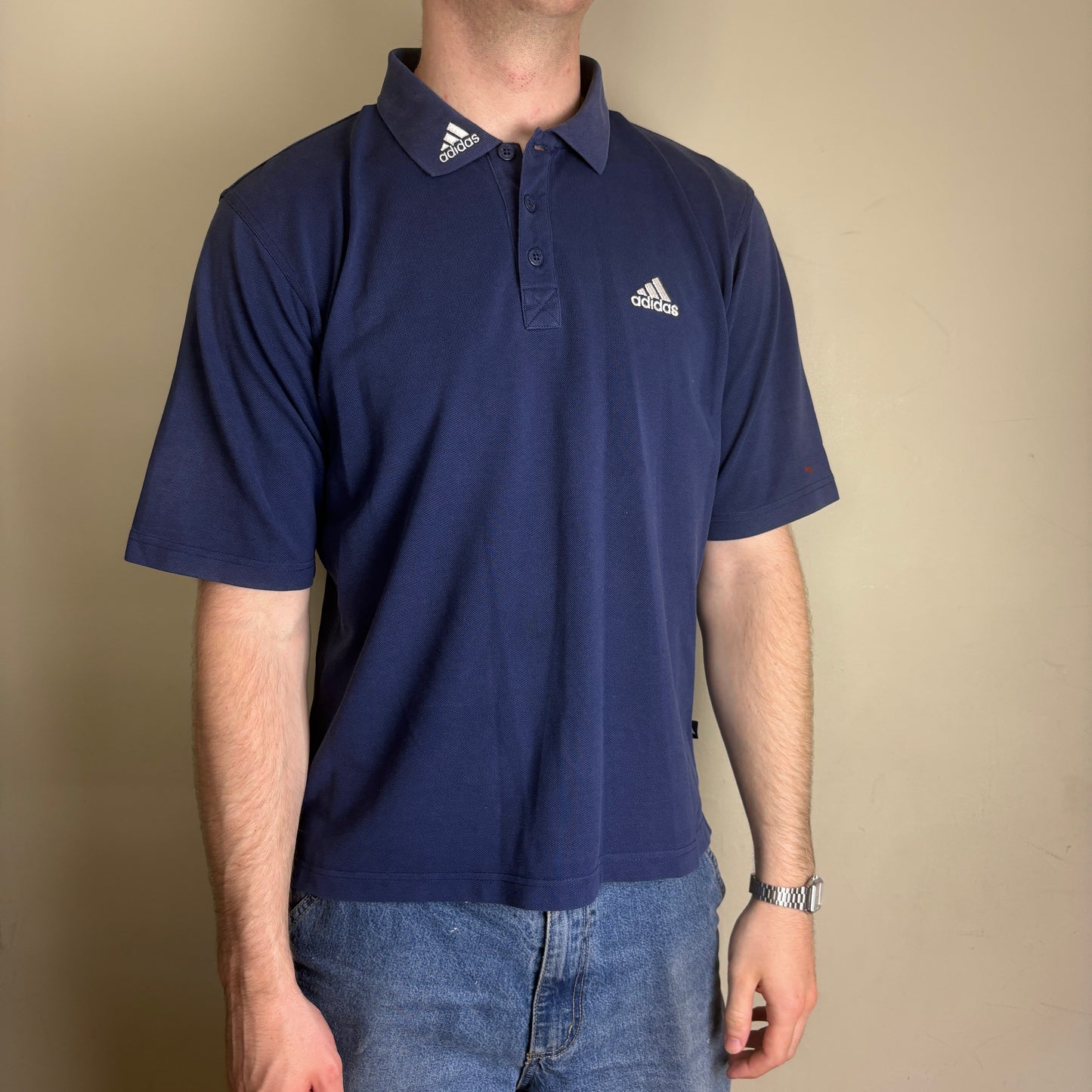 Vintage 90s Adidas Navy Blue Embroidered Polo Shirt - S