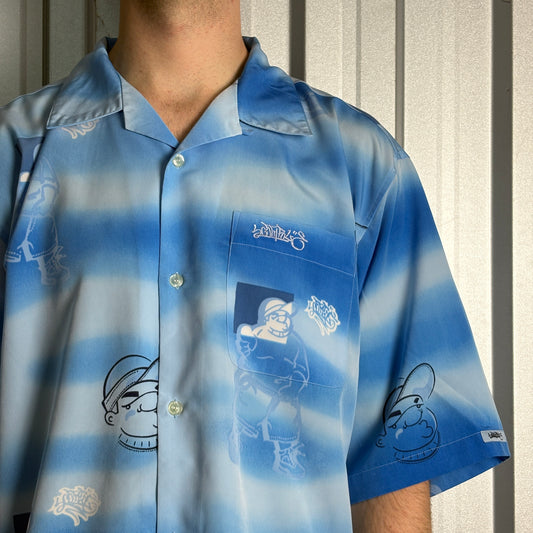 Southpole Blue 00s Y2K Hip Hop Hawaiian Embroidered Shirt - XL