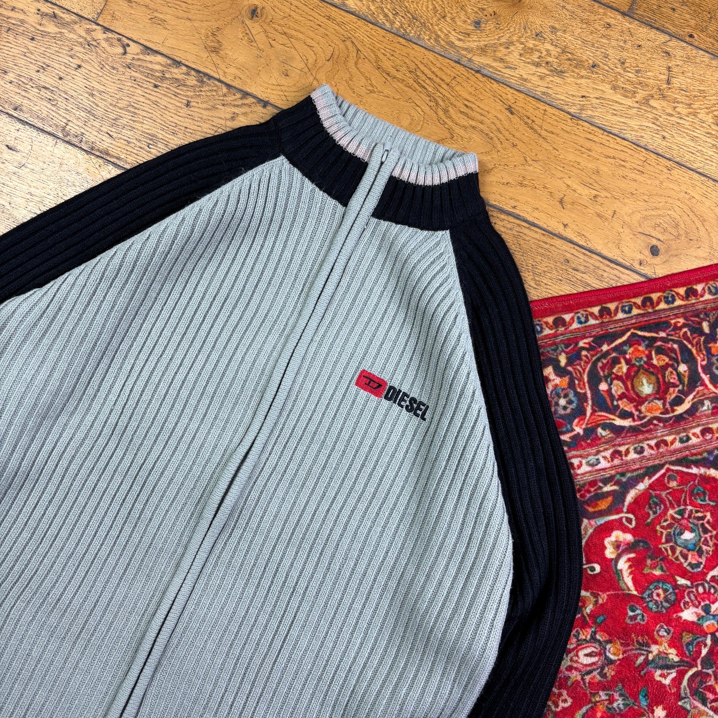 Vintage Diesel Embroidered Grey Zip Chunky Knit Jumper - L