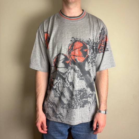 Vintage 90s Reebok The Pump Basketball Grey All Over Print Graphic T-Shirt - XL