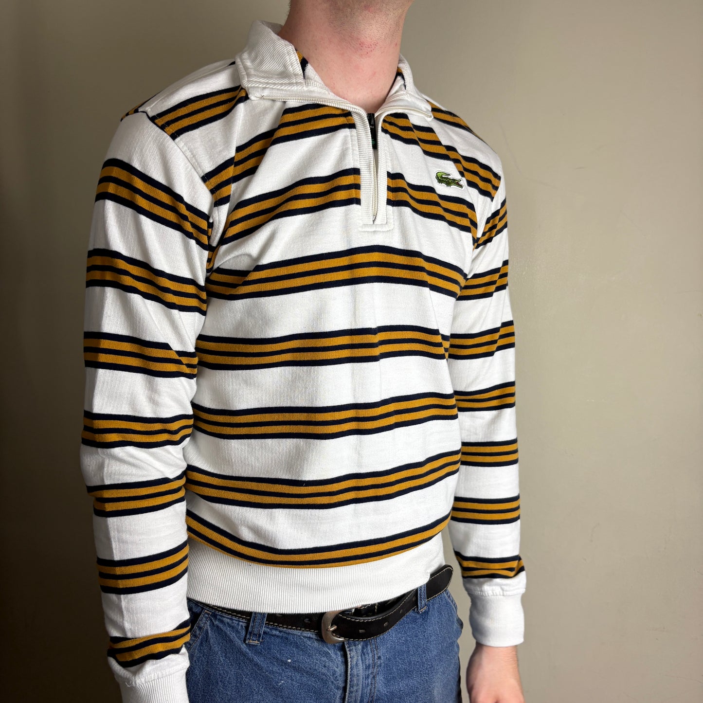 Vintage Lacoste White Navy Stripe Rugby Polo Shirt - S