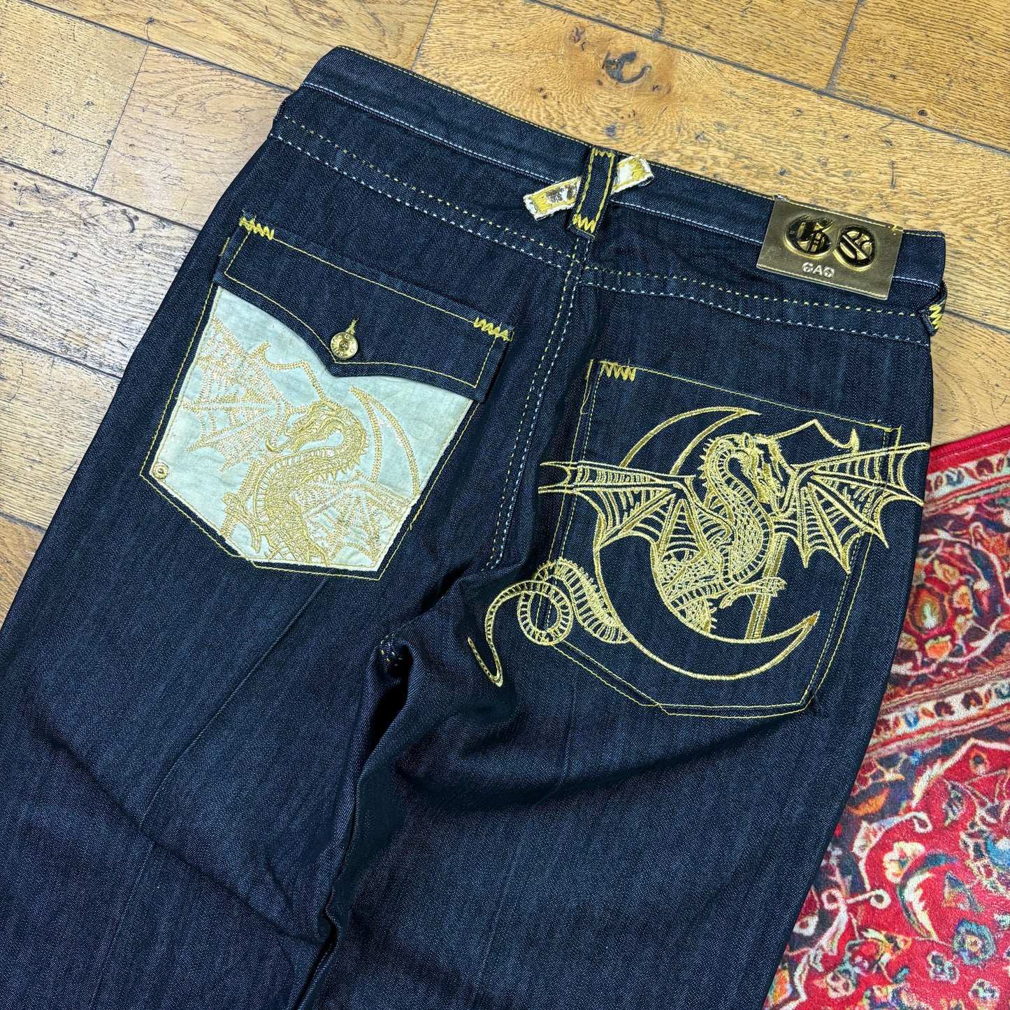 Vintage Gao Black Dragon Embroidered Y2K Hip Hop Baggy Jeans - 38